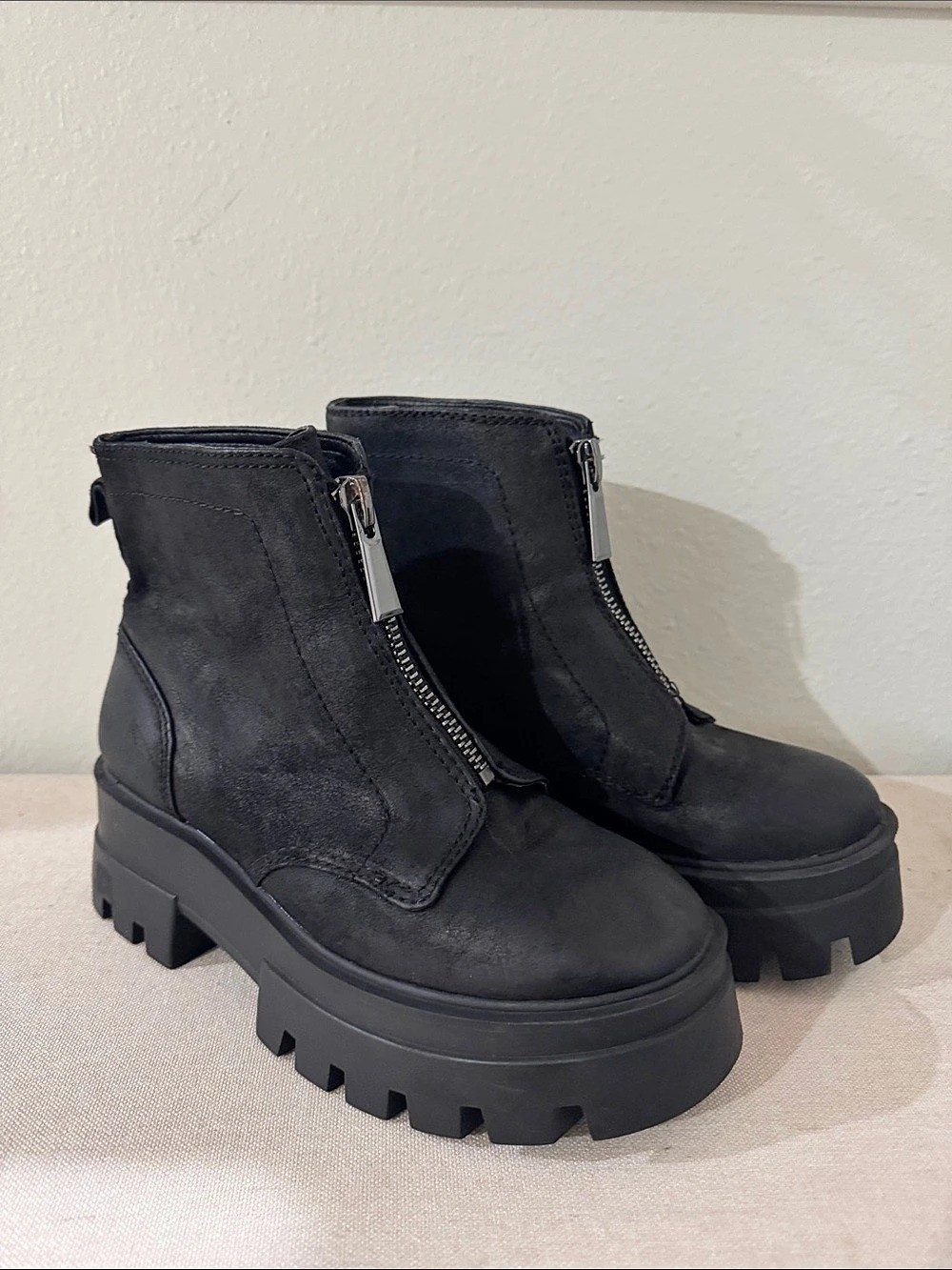 GB Black Lug Sole Zip Combat Boots